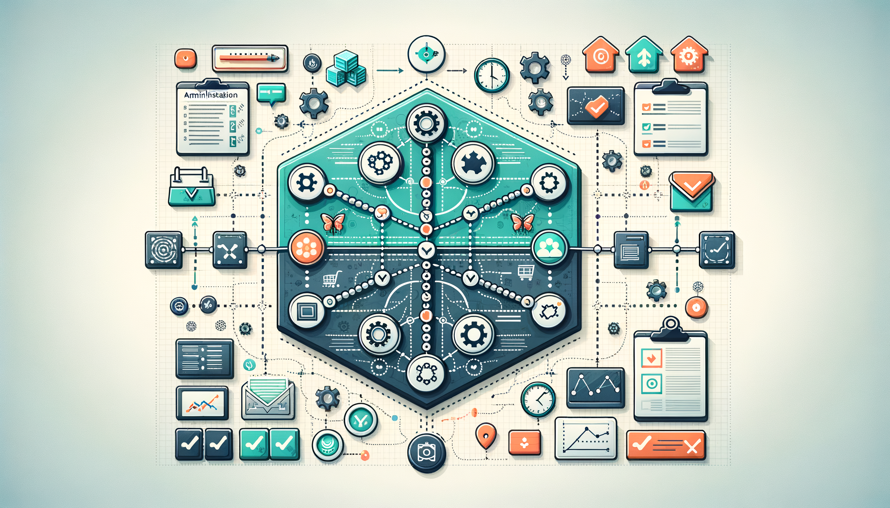 Illustrated workflow diagram with a central hexagonal hub linking gears, charts, checklists, user groups, and app icons, mapping data flow, automation steps, and project management tasks in a teal and orange UI.