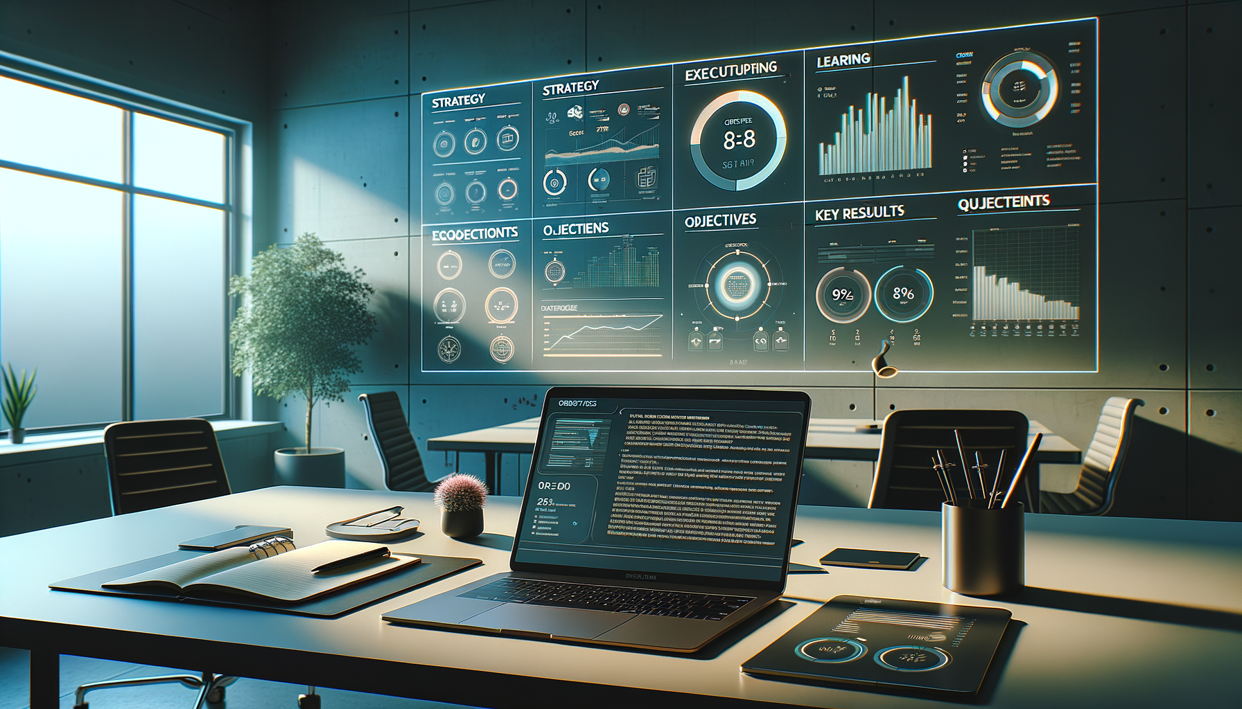 Modern office workspace with laptop and tablet on a desk, cactus and stationery, and a wall-sized holographic dashboard of charts and KPIs illuminated by morning window light.