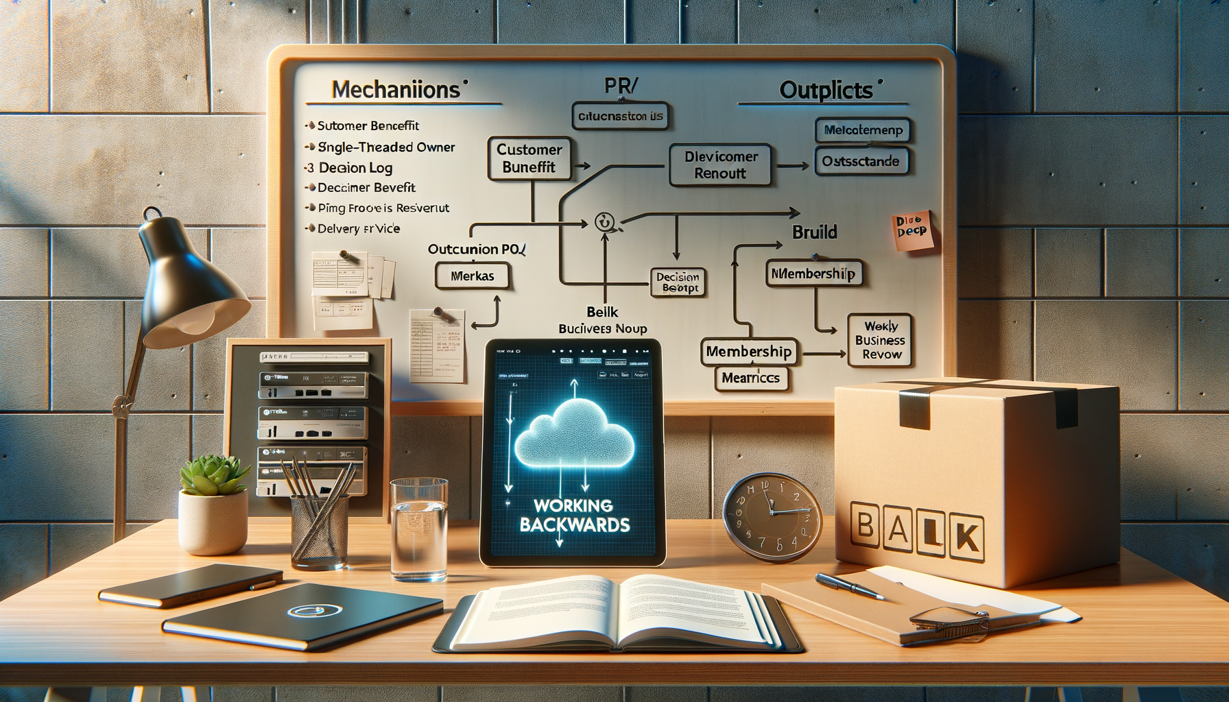 Modern office desk setup with a tablet showing a cloud icon and the words 'Working Backwards', in front of a large whiteboard flowchart; includes notebook, open book, lamp, clock, pen cup, plant, and shipping box.
