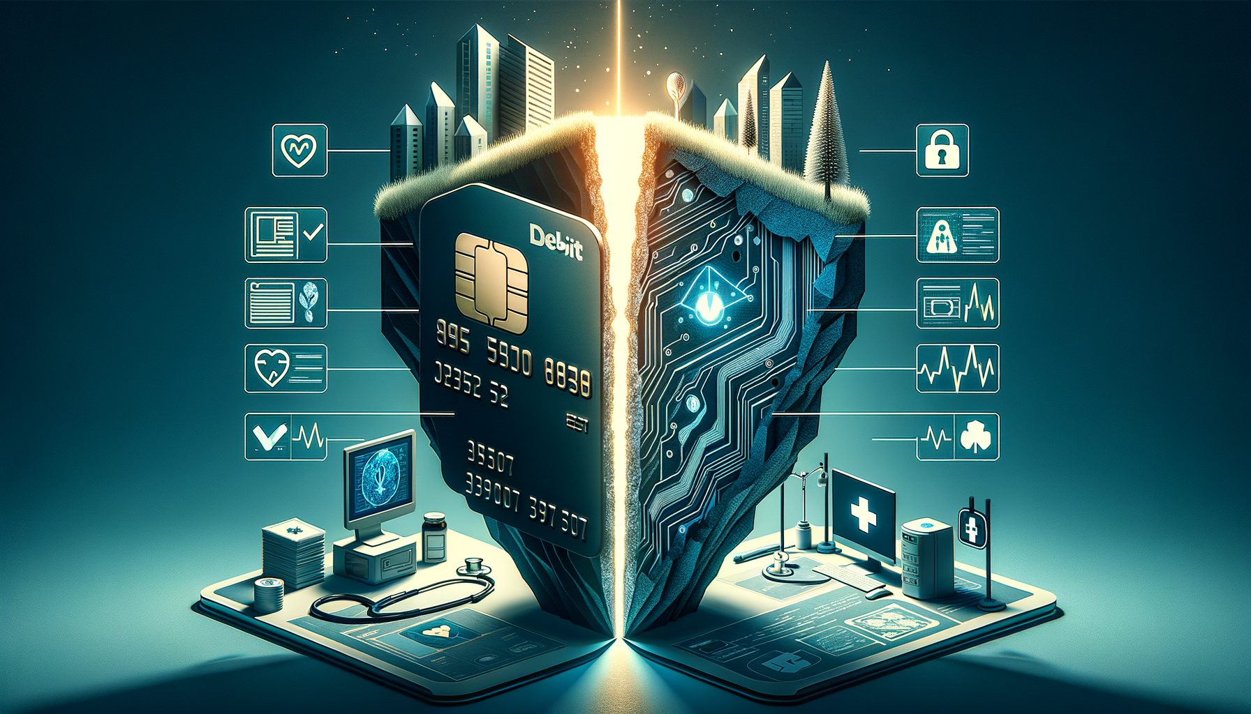 Futuristic concept art of a split, shield-like monolith revealing a debit card and glowing circuit board, linked to medical devices, EHR icons, and a city skyline—symbolizing secure digital health payments.