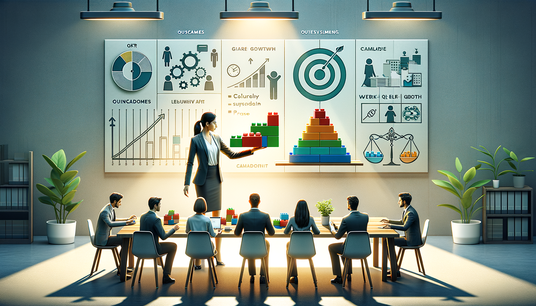 Team workshop in a modern office where a presenter uses colorful building blocks to illustrate strategy, standing before charts of OKRs, KPIs, targets, and growth metrics as colleagues collaborate at a long table.