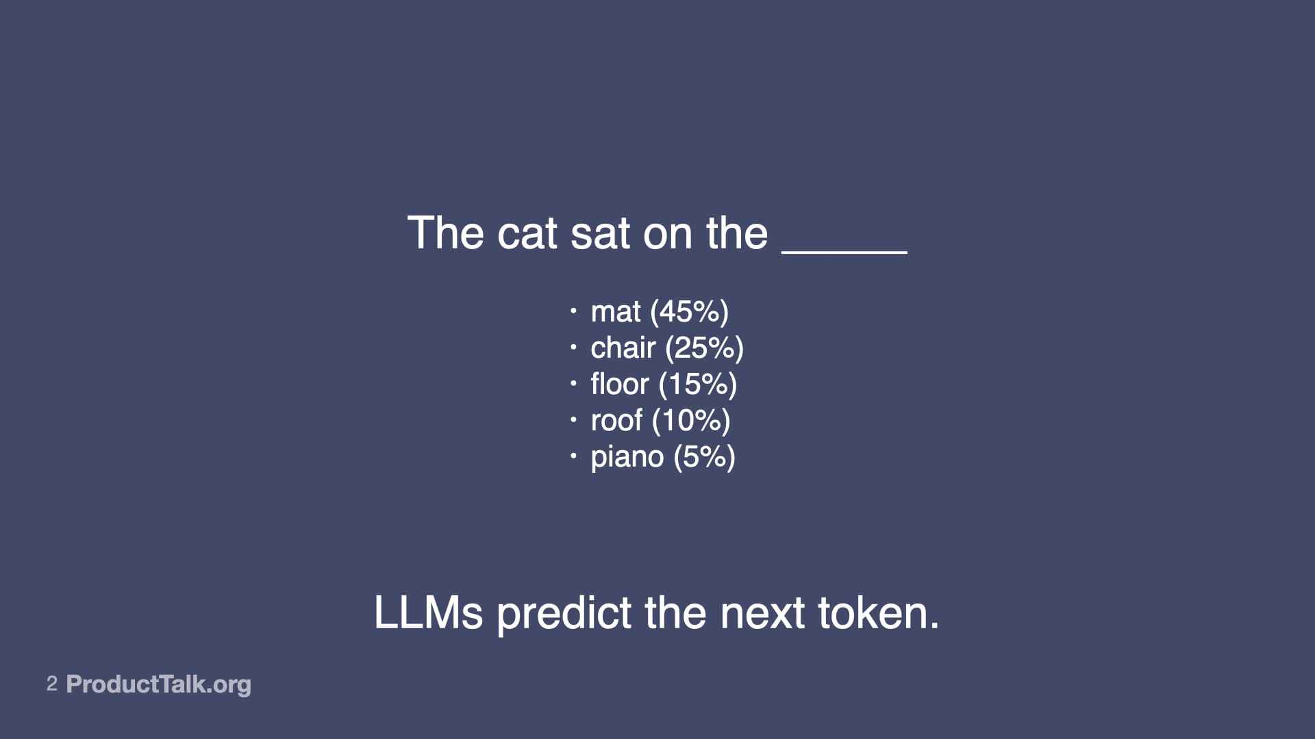 Presentation slide on large language models showing 'The cat sat on the ____' with probabilities—mat 45%, chair 25%, floor 15%, roof 10%, piano 5%—to illustrate next-token prediction.
