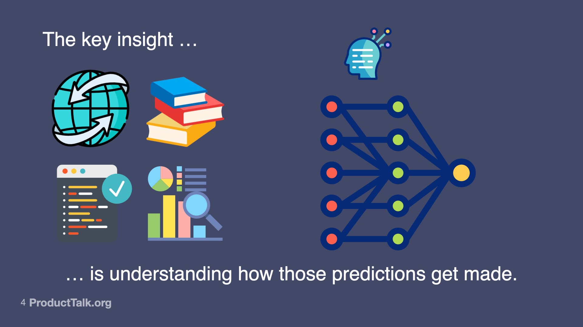 Slide-style illustration on a dark blue background showing web, books, code, and analytics icons feeding into a stylized neural network with the line: 'The key insight… is understanding how predictions get made.'