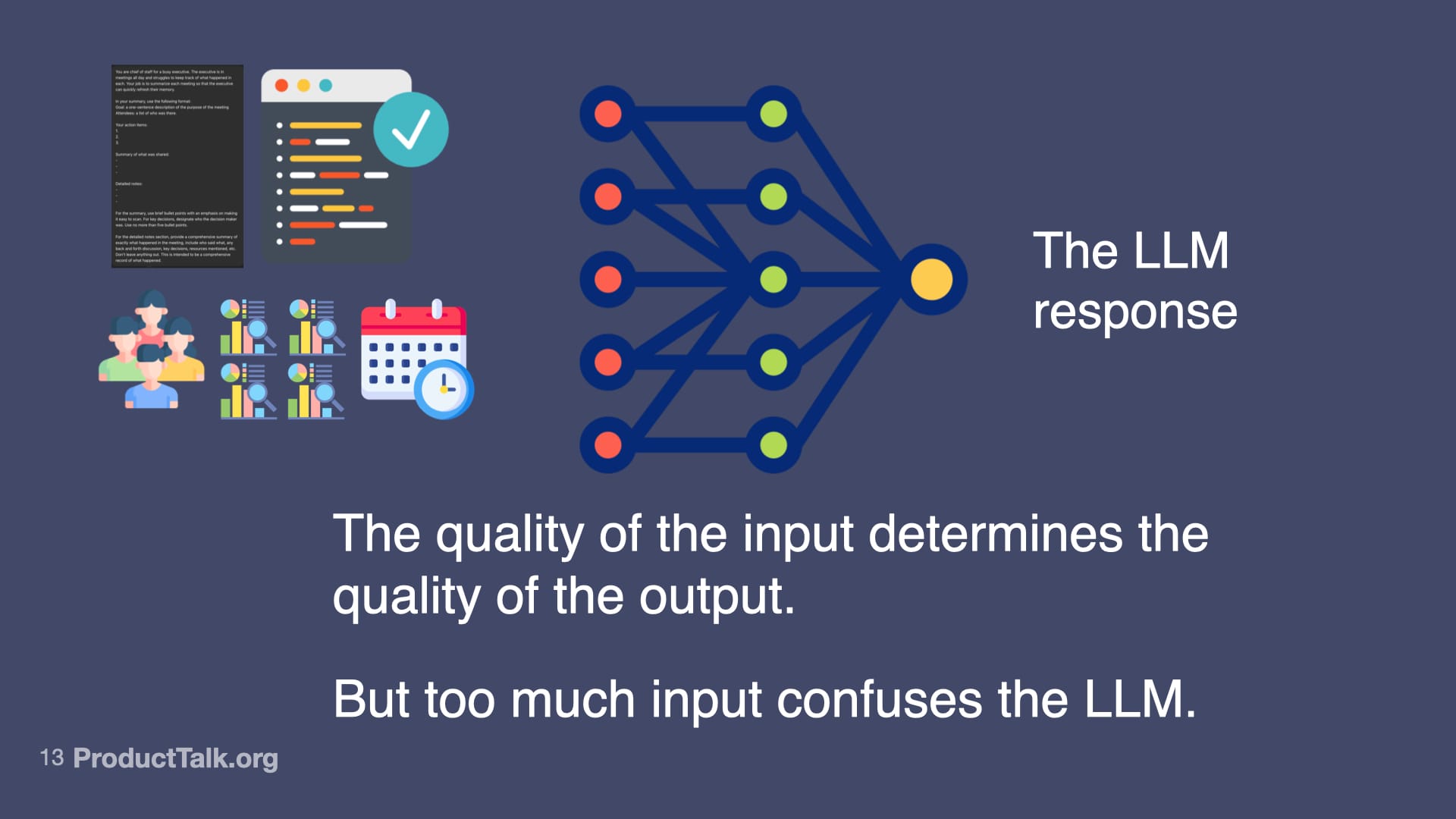 Slide illustrating LLM inputs—documents, code, users, analytics, and a calendar—feeding a neural network; it warns that prompt quality shapes output, while too much input can confuse the model.