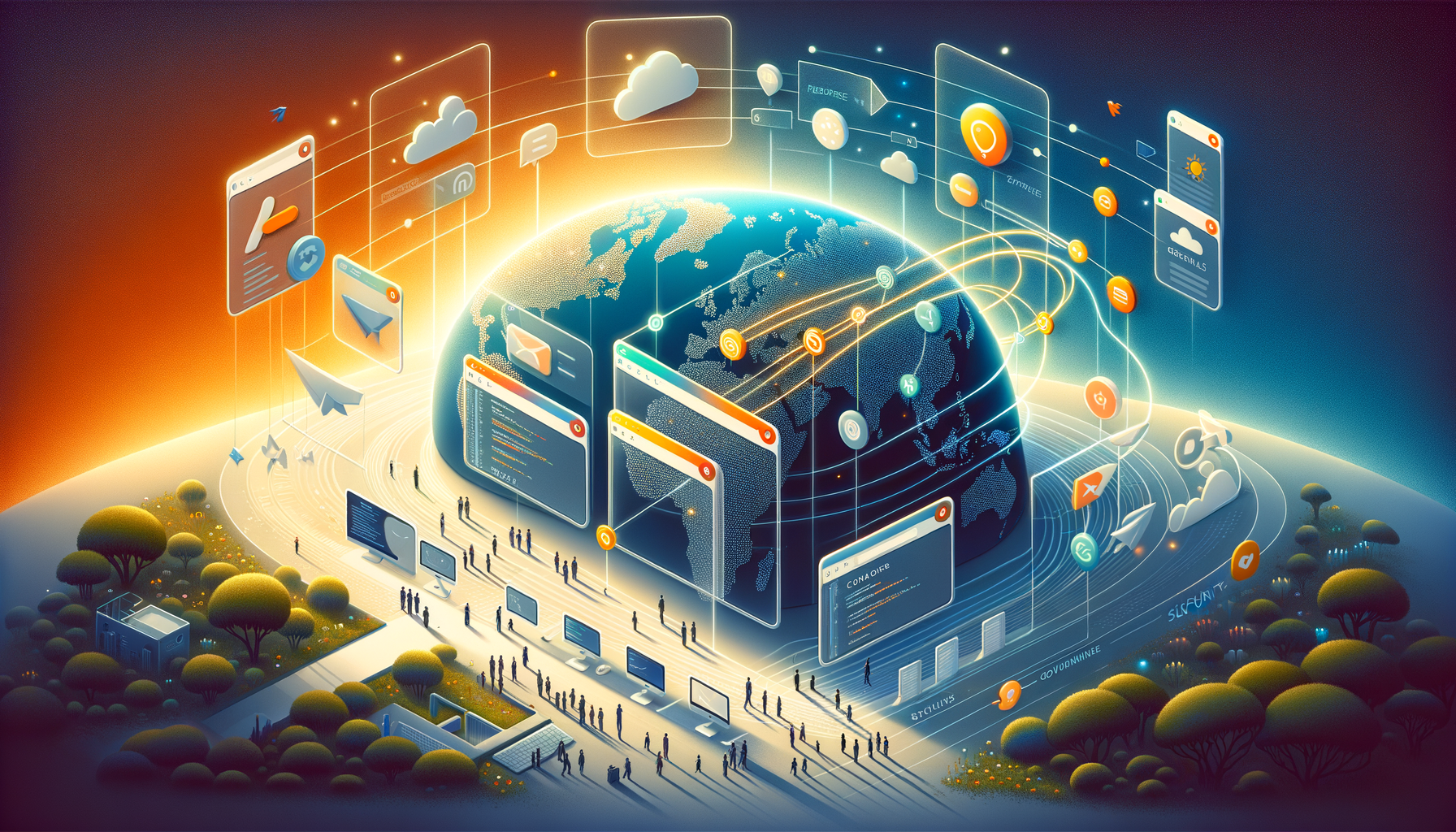 Futuristic illustration of a glowing globe surrounded by floating app windows, code panels, and cloud icons, with data streams linking continents above walkways of tiny figures; AI, APIs, and cloud.