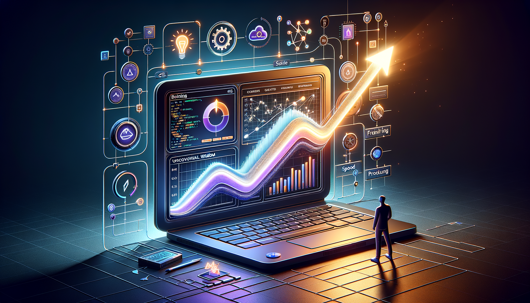 Futuristic laptop displaying analytics dashboards, code, and a glowing upward arrow, surrounded by neon icons for AI, cloud, and automation, while a tiny human figure watches from the side.