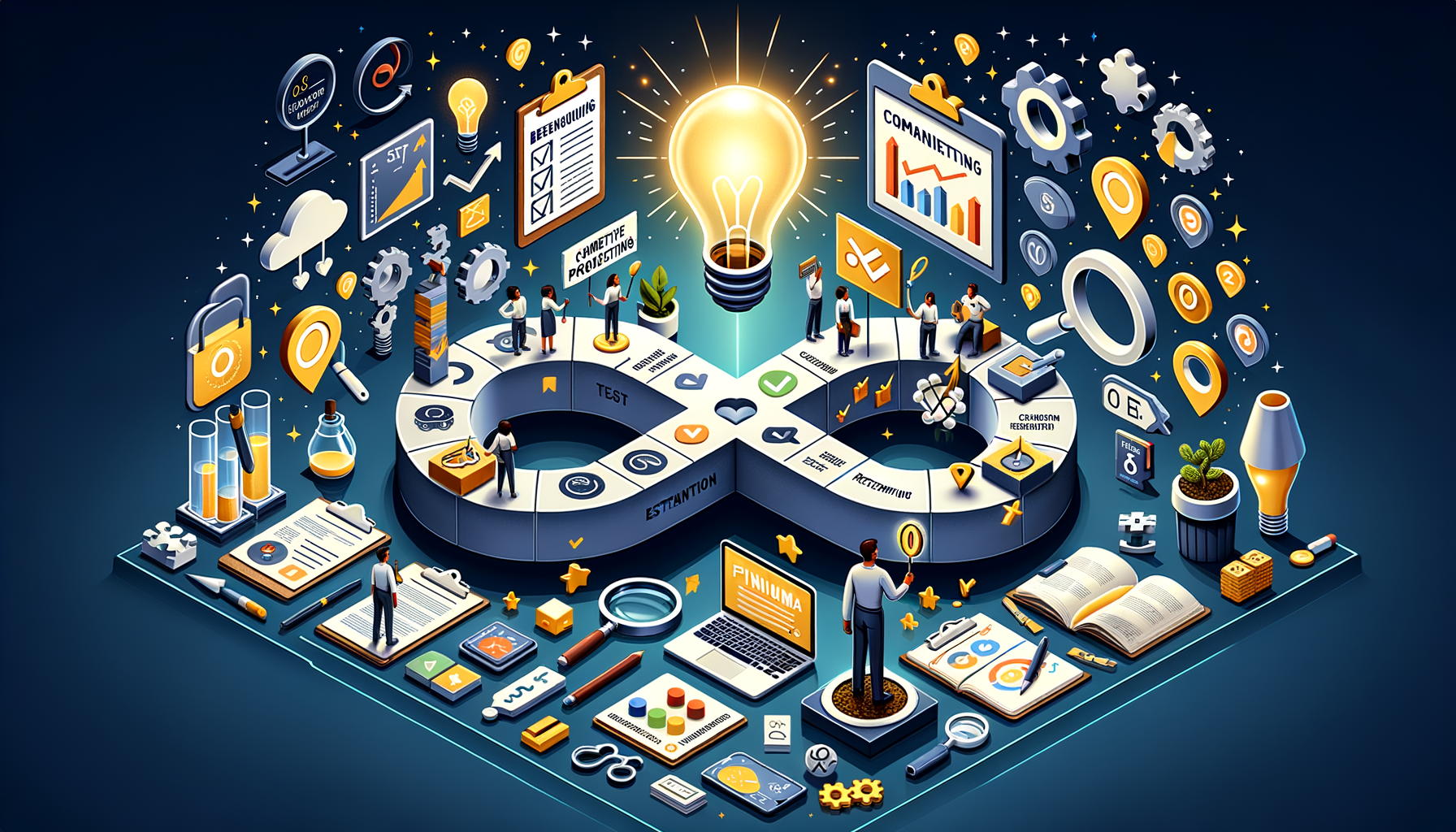 Isometric illustration of a DevOps infinity loop surrounded by icons for coding, testing, analytics, security, cloud, and collaboration, with a glowing lightbulb symbolizing innovation on a dark blue background.