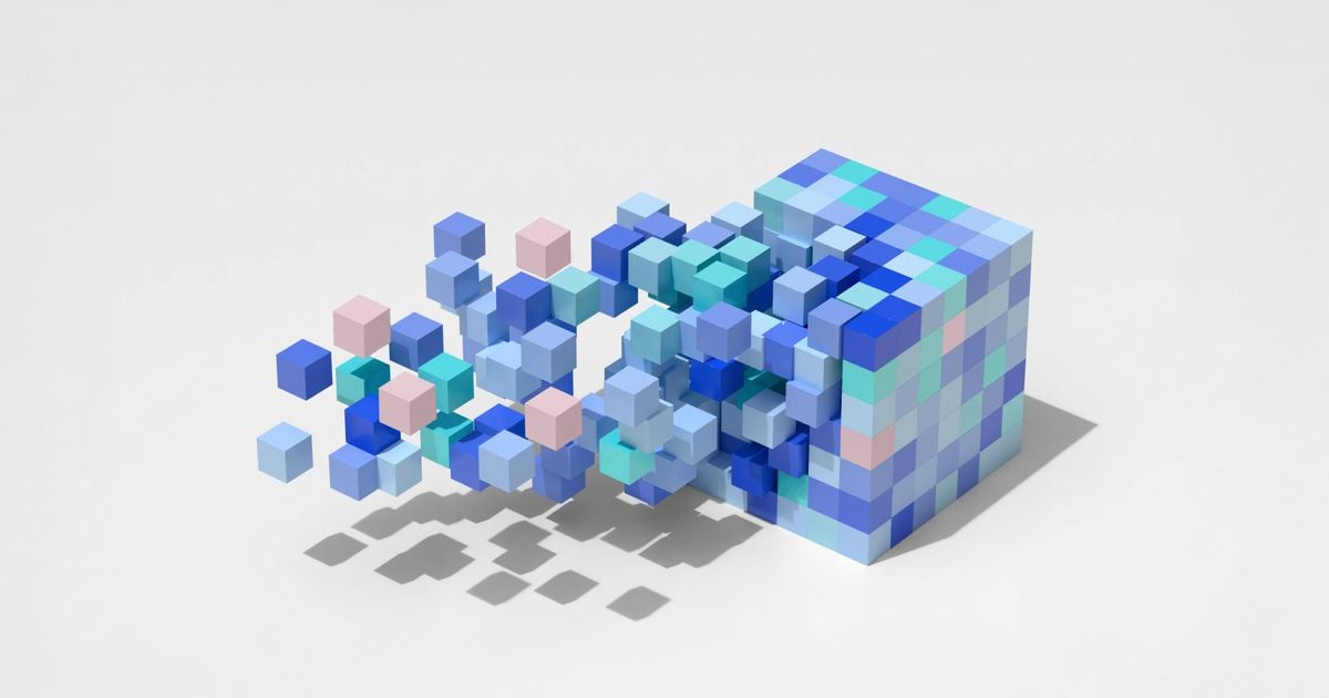 Abstract 3D voxel cube with blue, teal, and pink blocks on a white background; small cubes burst outward from one face, representing modular data structure, integration, and governance concepts.