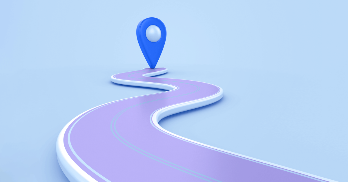 3D illustration of a winding purple road on a light blue background leading to a blue map pin, symbolizing a guided journey, navigation, and user onboarding in product tours.