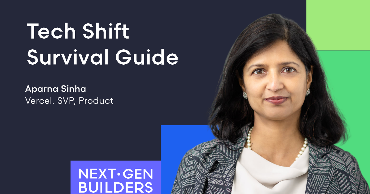 Event banner featuring a professional headshot of a person on a dark background with blue and green blocks, the headline 'Tech Shift Survival Guide,' and a 'Next•Gen Builders' label, promoting a Vercel product talk.