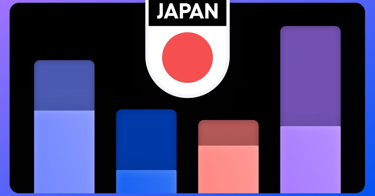 Stylized bar chart in blue, purple, and pink on a black background, topped with a badge reading 'JAPAN' and a red circle, illustrating marketing research and analytics focused on Japan.