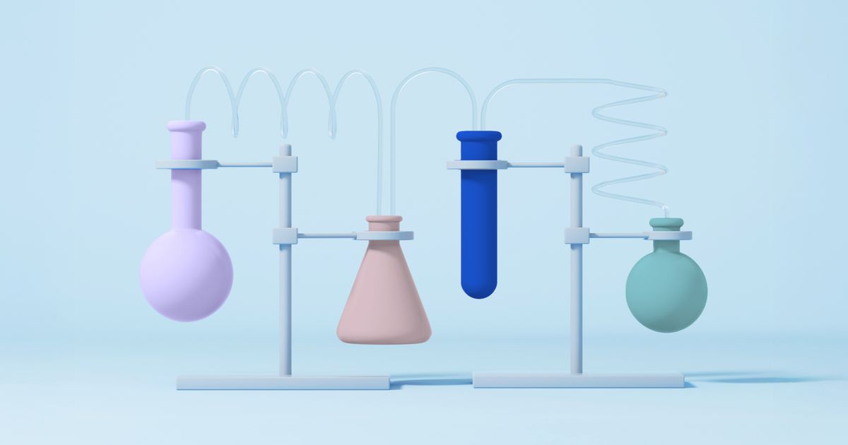 3D illustration of lab glassware on stands—round-bottom flasks, an Erlenmeyer flask, and a test tube—connected by clear, coiled tubing on a pale blue background, symbolizing a testing workflow.