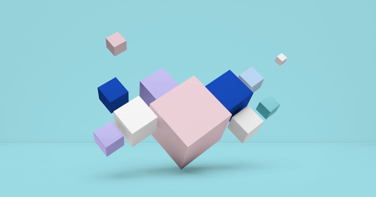 Abstract 3D rendering of floating cubes in pastel pink, white, lavender, teal, and deep blue on a light cyan backdrop, centered on a large pink block with soft shadow, suggesting modular data and AI personalization.