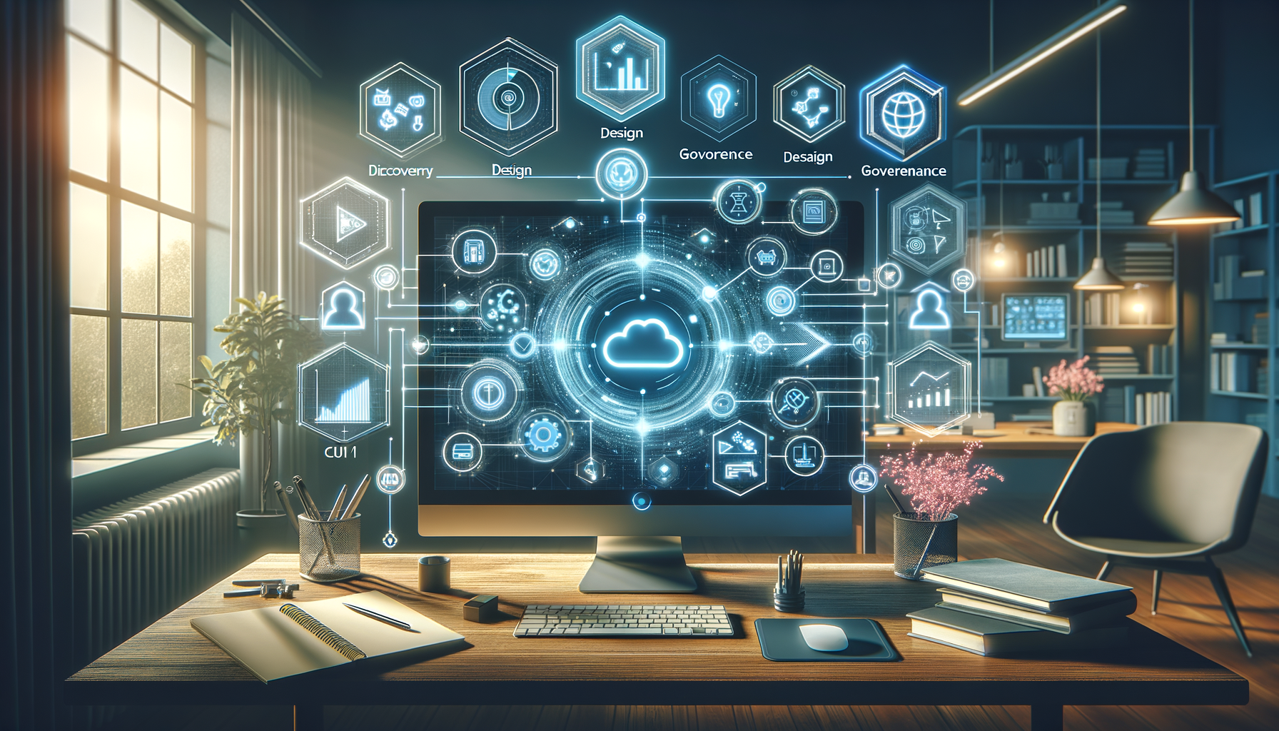 Modern home office with a large desktop monitor displaying a cloud computing dashboard and glowing data flow icons, evoking workflow automation, data governance, and digital transformation.