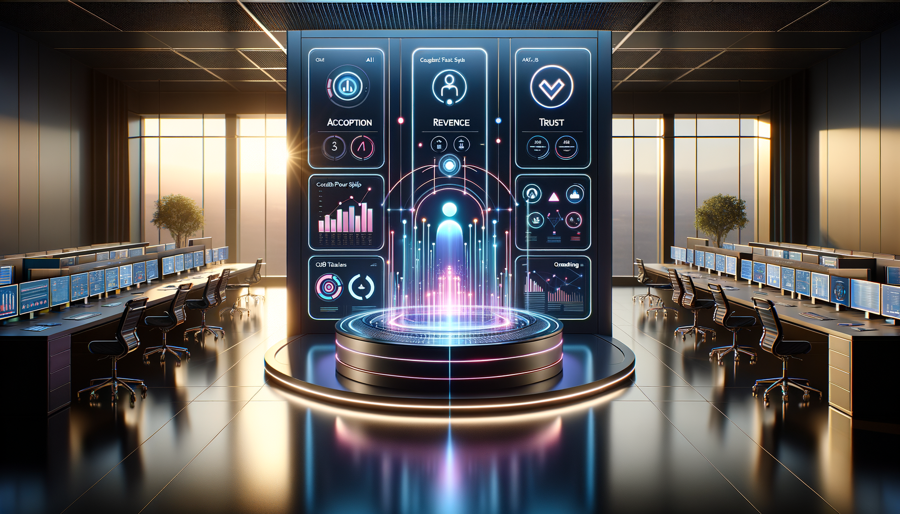 Futuristic operations center with a circular holographic data hub and wall-size dashboards, neon-lit analytics charts, rows of empty workstations, and floor-to-ceiling windows glowing with sunset light.