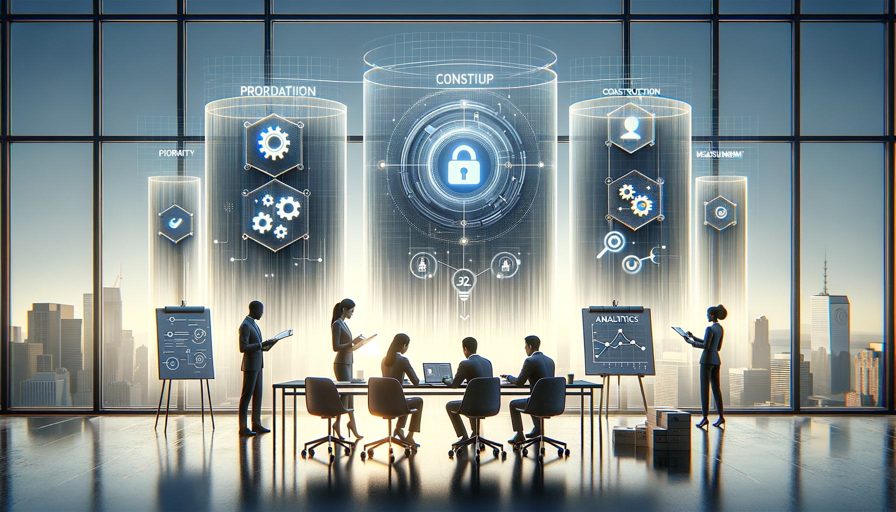 Corporate team collaborates in a glass-walled boardroom as holographic interfaces show a central cybersecurity lock, gear icons, and analytics charts, with a city skyline glowing at golden hour.
