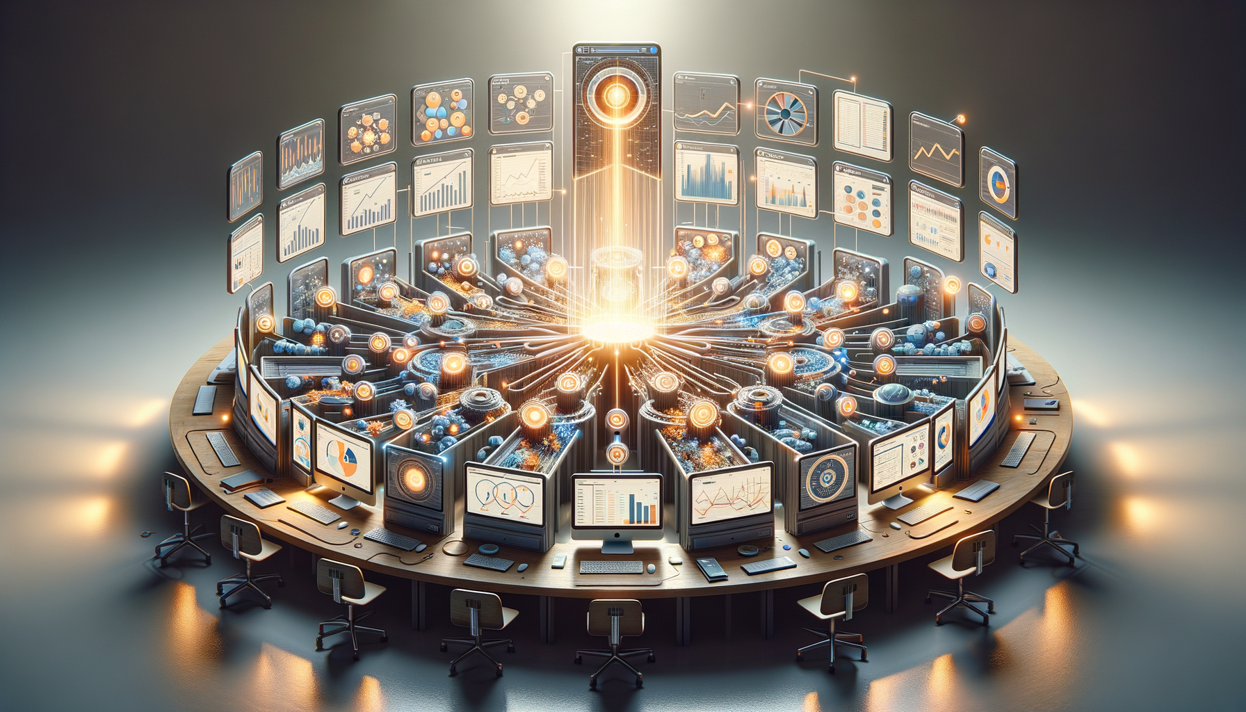 Futuristic circular command center with dozens of monitors showing charts, graphs, and dashboards surrounding a radiant central data core, representing AI, big data pipelines, and real-time analytics.