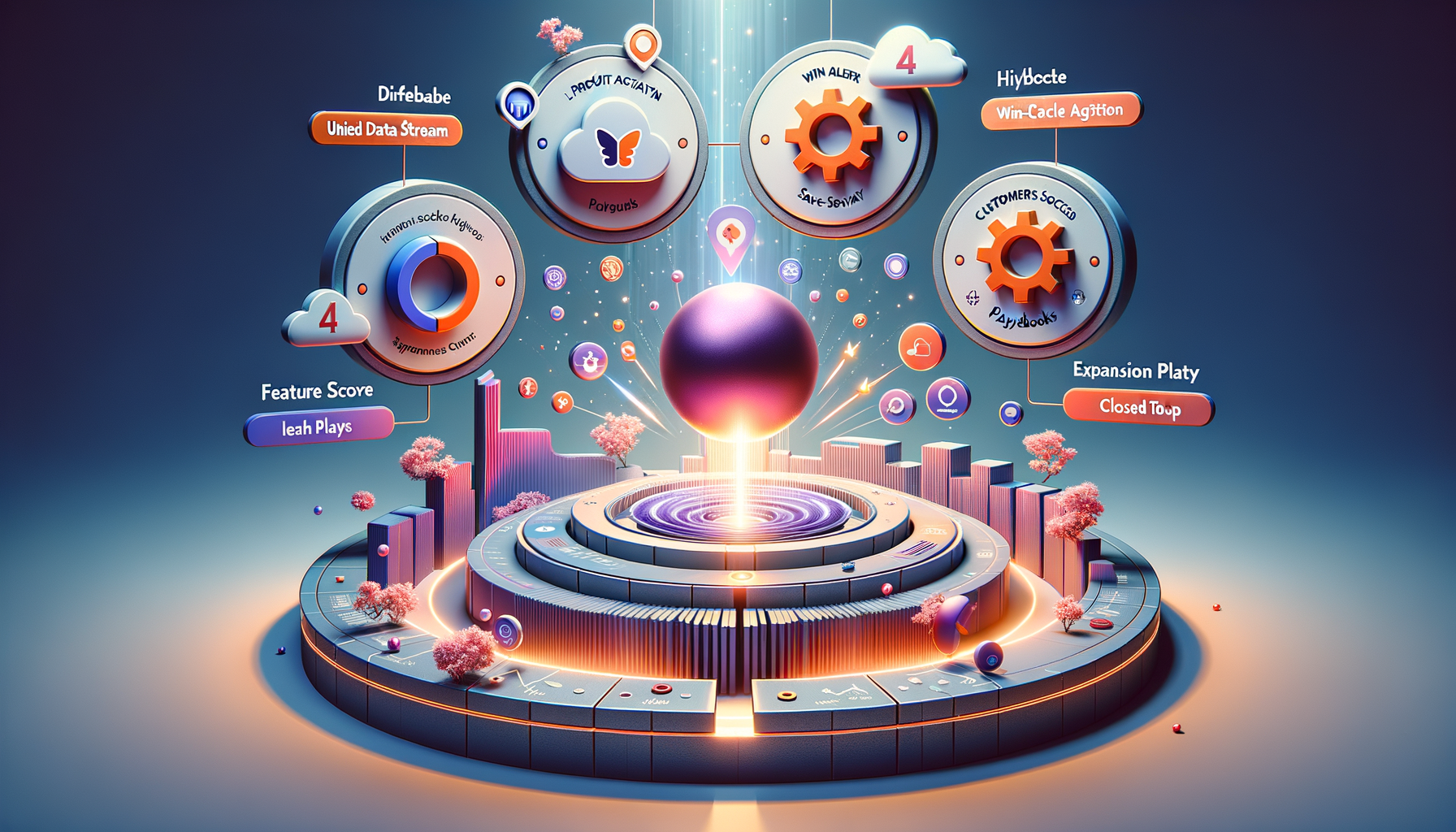 Futuristic 3D dashboard illustration showing a circular analytics platform with a glowing purple sphere, gear and cloud icons, and linked modules for unified data streams, playbooks, and win alerts.