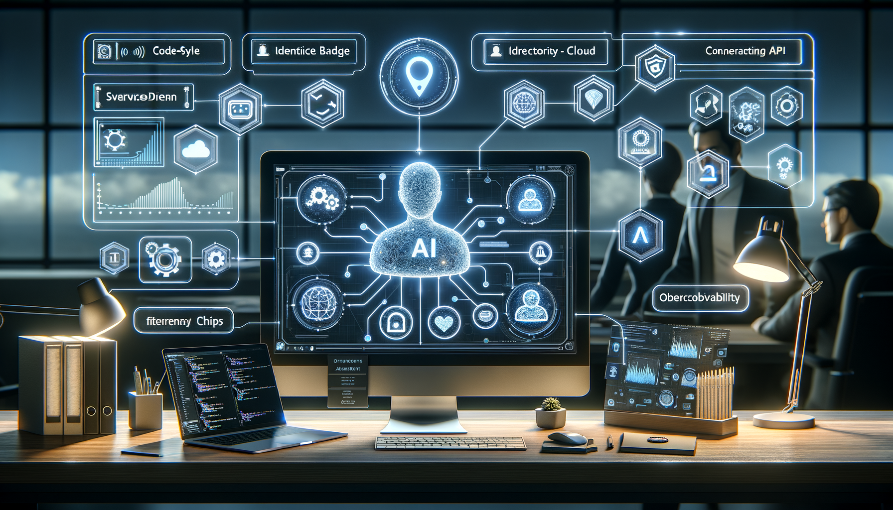 Futuristic office desk with a large monitor showing an AI silhouette linked to icons, a laptop with code, and analytics dashboards, with a team behind, illustrating AI integration, APIs, and cloud workflows.