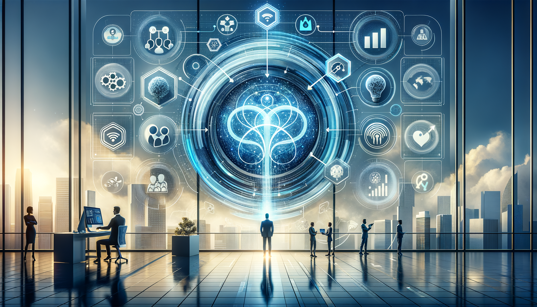 Glass-walled office overlooking a city skyline at sunrise, where business professionals observe a giant blue holographic dashboard with AI, analytics, IoT, sustainability, and growth icons at the center.