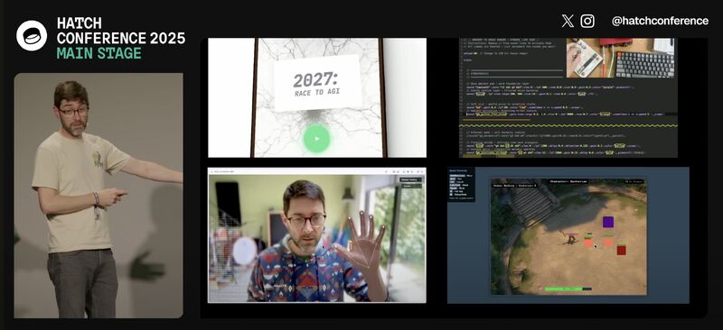 Tech conference collage with a speaker on stage beside four panels: AGI teaser on a tablet, code editor, webcam demo with hand tracking, and a simulation. Banner reads Hatch Conference 2025 Main Stage.
