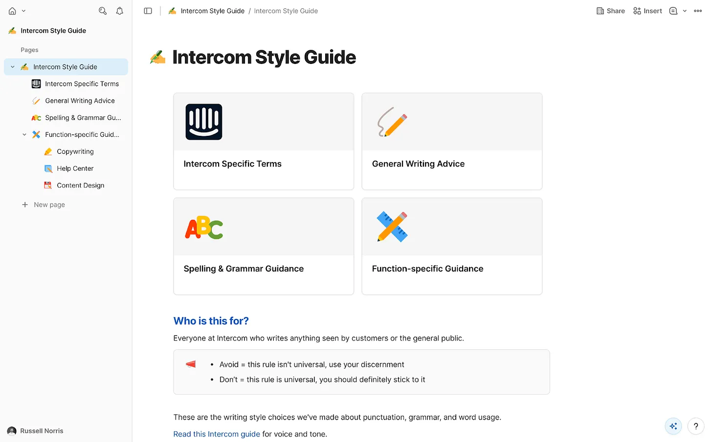Screenshot of an Intercom Style Guide workspace showing tiles for Intercom Specific Terms, General Writing Advice, Spelling & Grammar Guidance, and Function-specific Guidance inside a documentation UI.