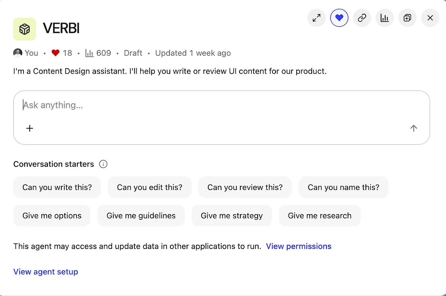 Screenshot of a content design assistant interface titled VERBI, showing a chat input field, quick-start prompts like 'Can you write this?', and links to view permissions and agent setup in draft mode.