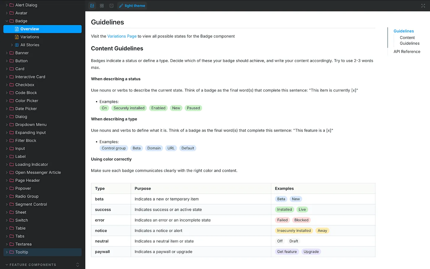 Design system documentation page for a Badge component, with a left navigation of UI elements and a main panel showing content guidelines, examples of statuses, and a color‑coded table of label types.
