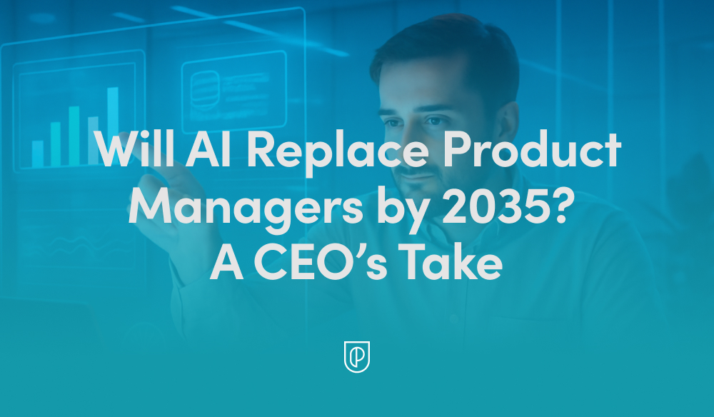 Teal-toned hero image shows a professional reviewing analytics charts on transparent screens, overlaid with the headline 'Will AI Replace Product Managers by 2035? A CEO’s Take,' signaling a future-of-work debate.