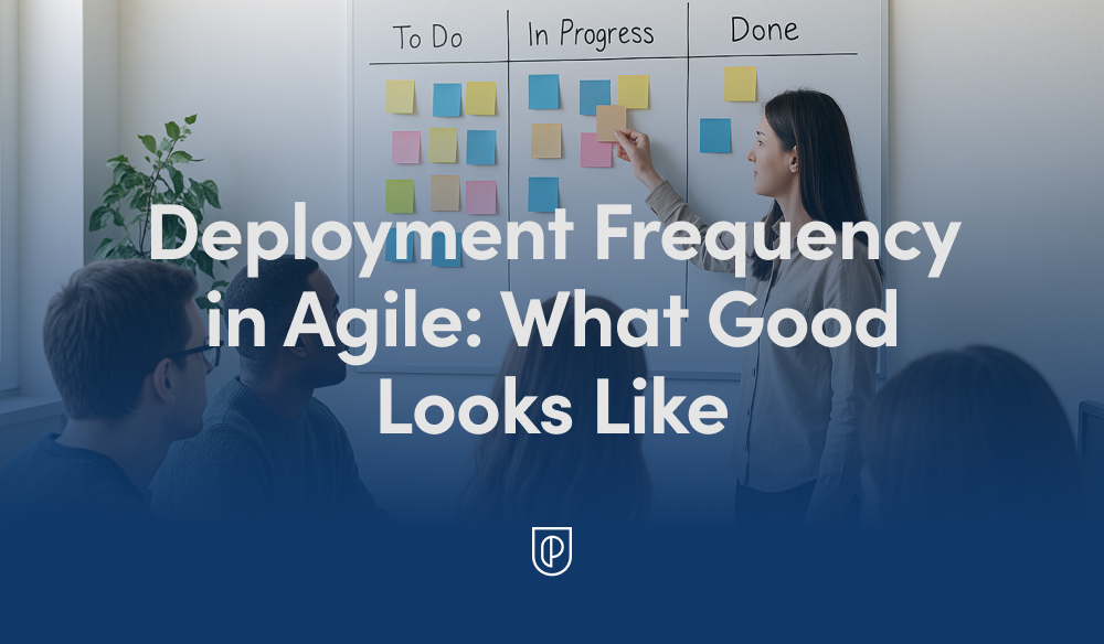 Agile team reviews a Kanban board labeled To Do, In Progress, and Done, with sticky notes and a facilitator pointing, illustrating deployment frequency and workflow in software delivery.