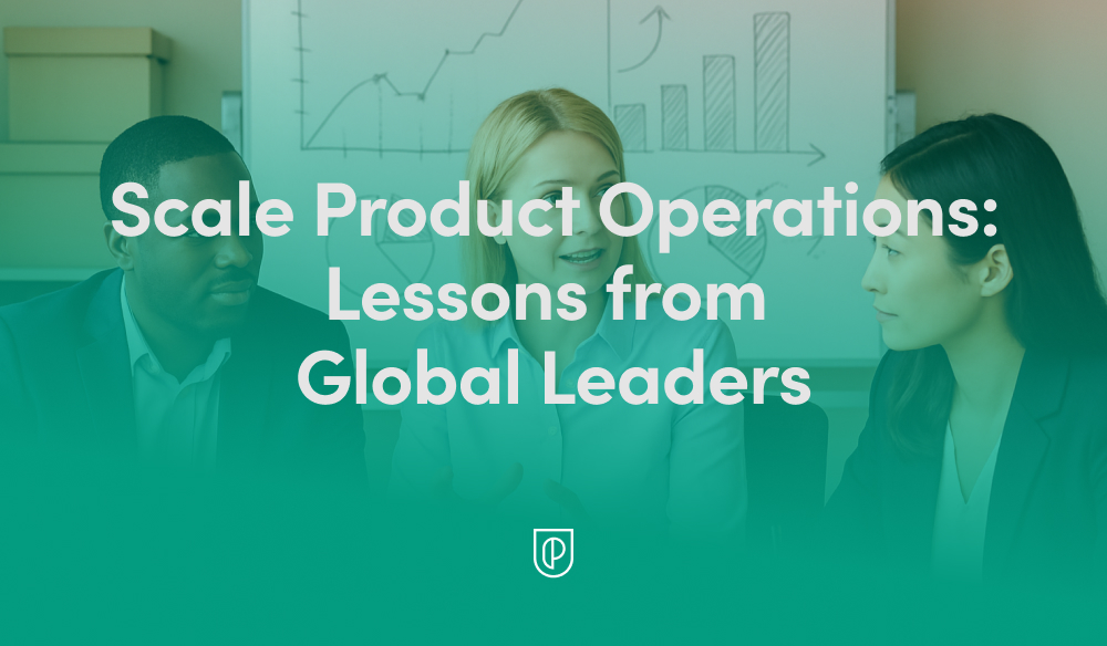 Business team in discussion before a whiteboard with growth charts, overlaid by the title 'Scale Product Operations: Lessons from Global Leaders' - hero image for a product ops article.