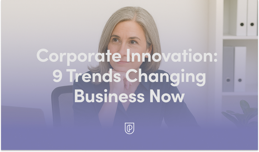 Thoughtful business professional in a modern office with text overlay reading 'Corporate Innovation: 9 Trends Changing Business Now,' suggesting strategy, leadership, and future-focused workplace themes.