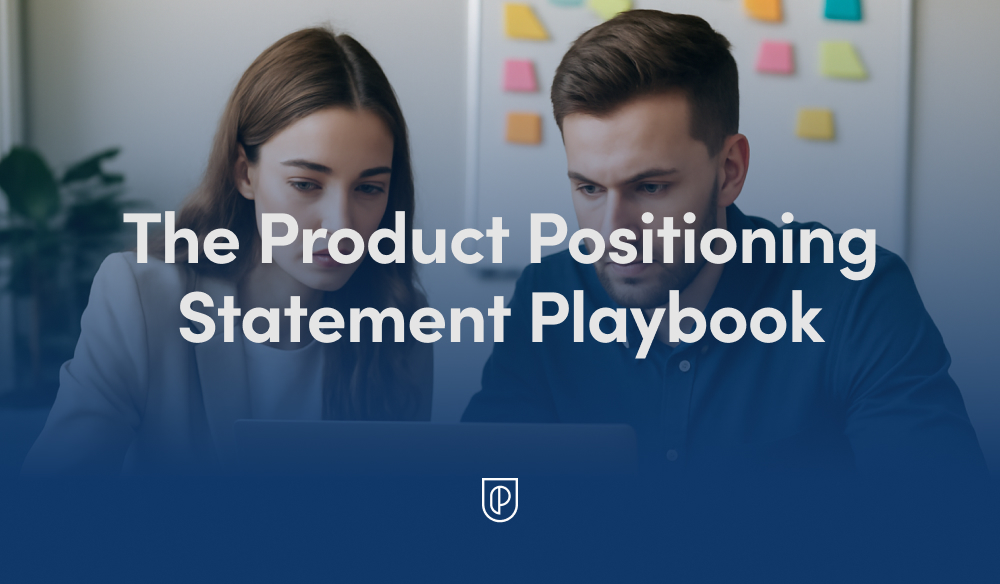 Two professionals concentrate on a laptop in a modern office with colorful sticky notes behind them, representing collaboration on a product positioning statement playbook and marketing strategy.