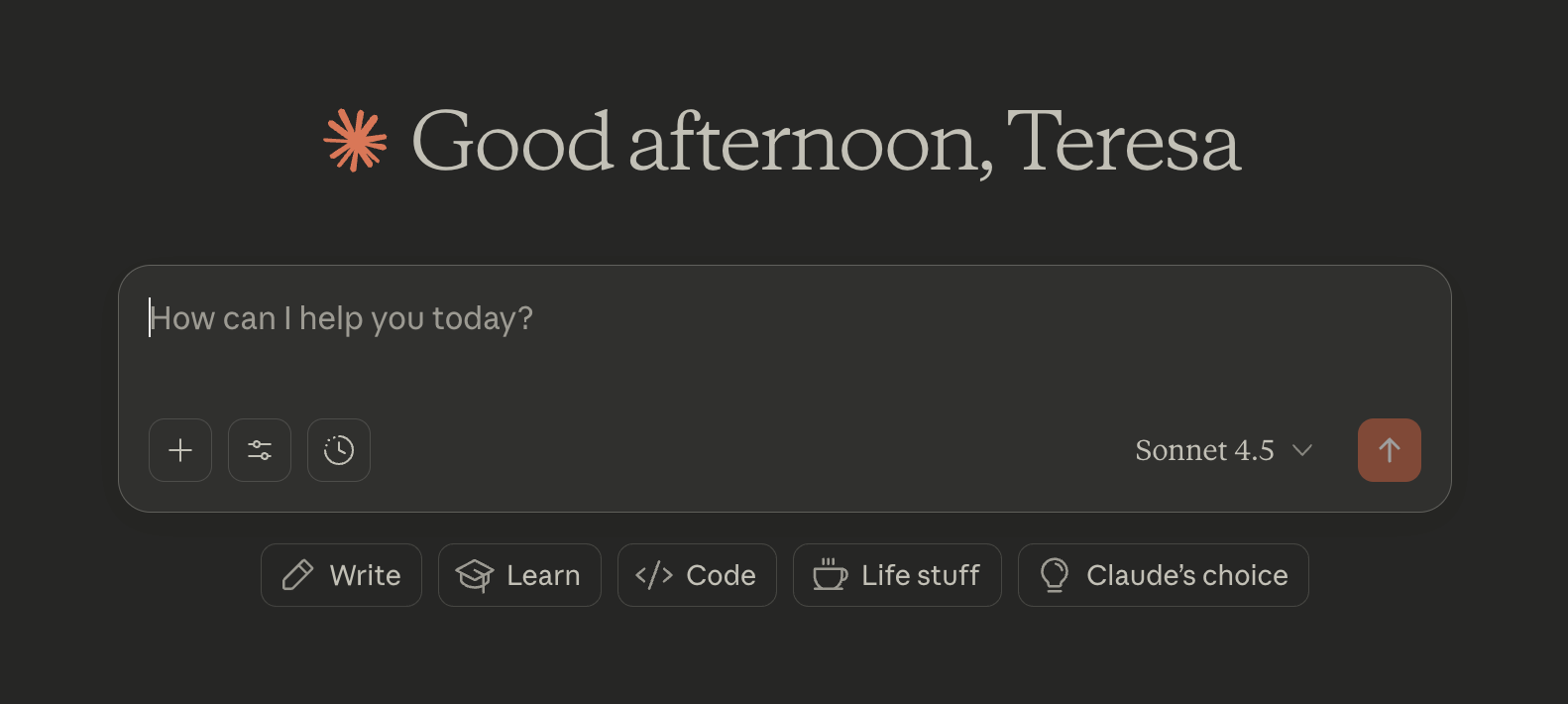 Dark-theme screenshot of the Claude interface with a large prompt field, model selector set to Sonnet 4.5, and quick-action buttons for Write, Learn, Code, Life stuff, and Claude’s choice on the home screen.