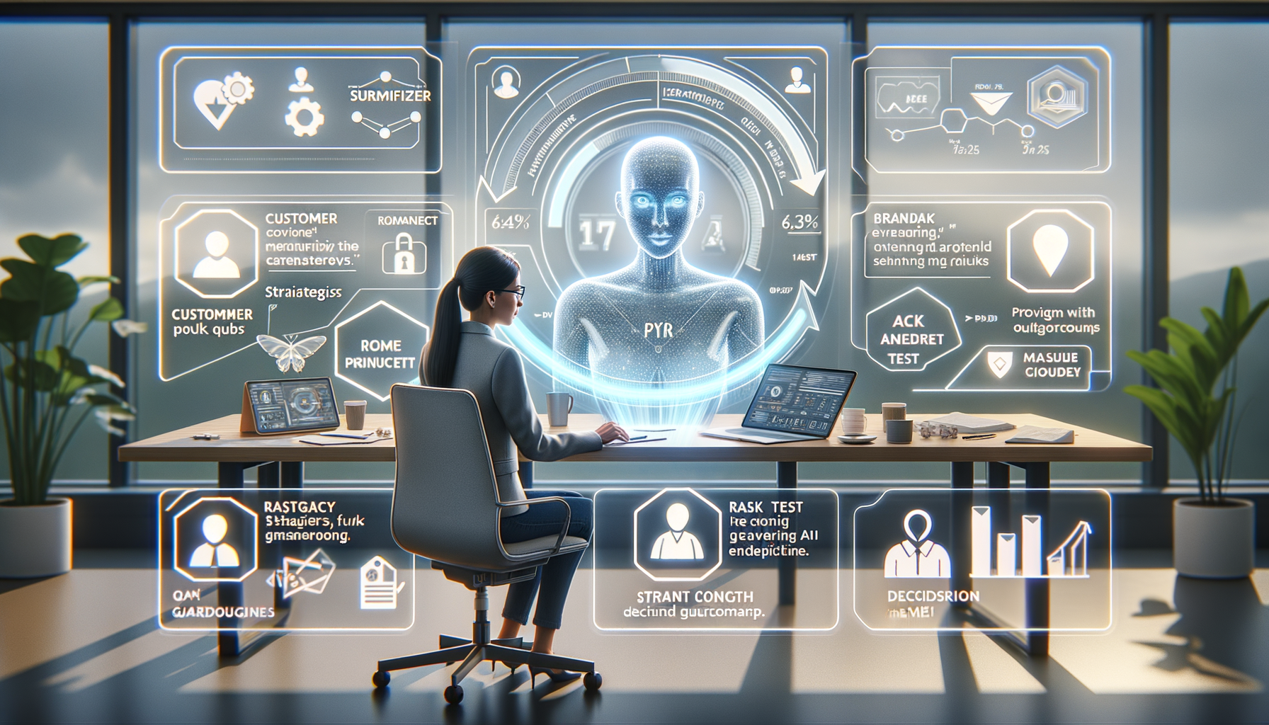 Professional in a glass-walled office interacts with a holographic AI assistant and data dashboards, framed by glowing analytics panels, charts, and interface icons on a large transparent display.
