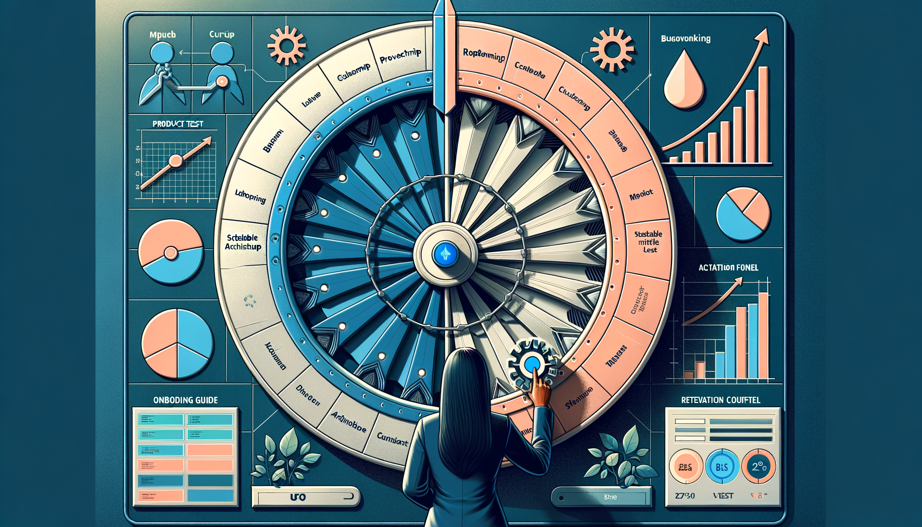 Illustrated analytics dashboard with a large central optimization wheel; a person in a suit adjusts a gear while charts show onboarding, activation, retention, and growth metrics in teal and coral.