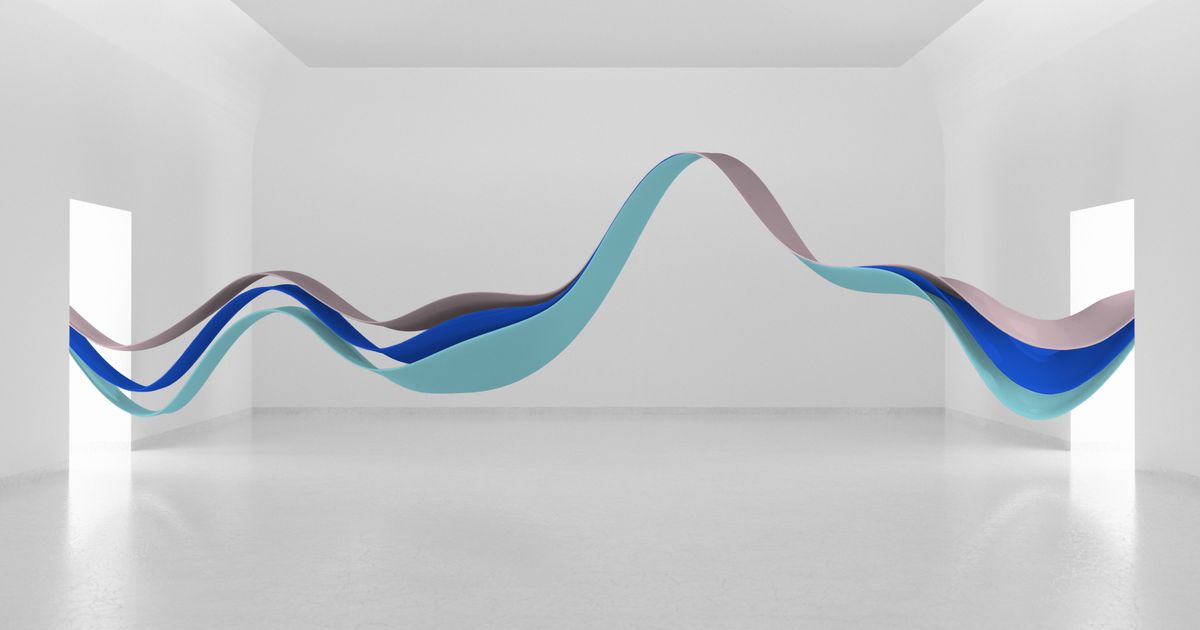 Minimal white gallery with two bright doorways linked by suspended, undulating ribbons in teal, blue, and mauve, forming a wave across the room that evokes flow, signal, and data movement.