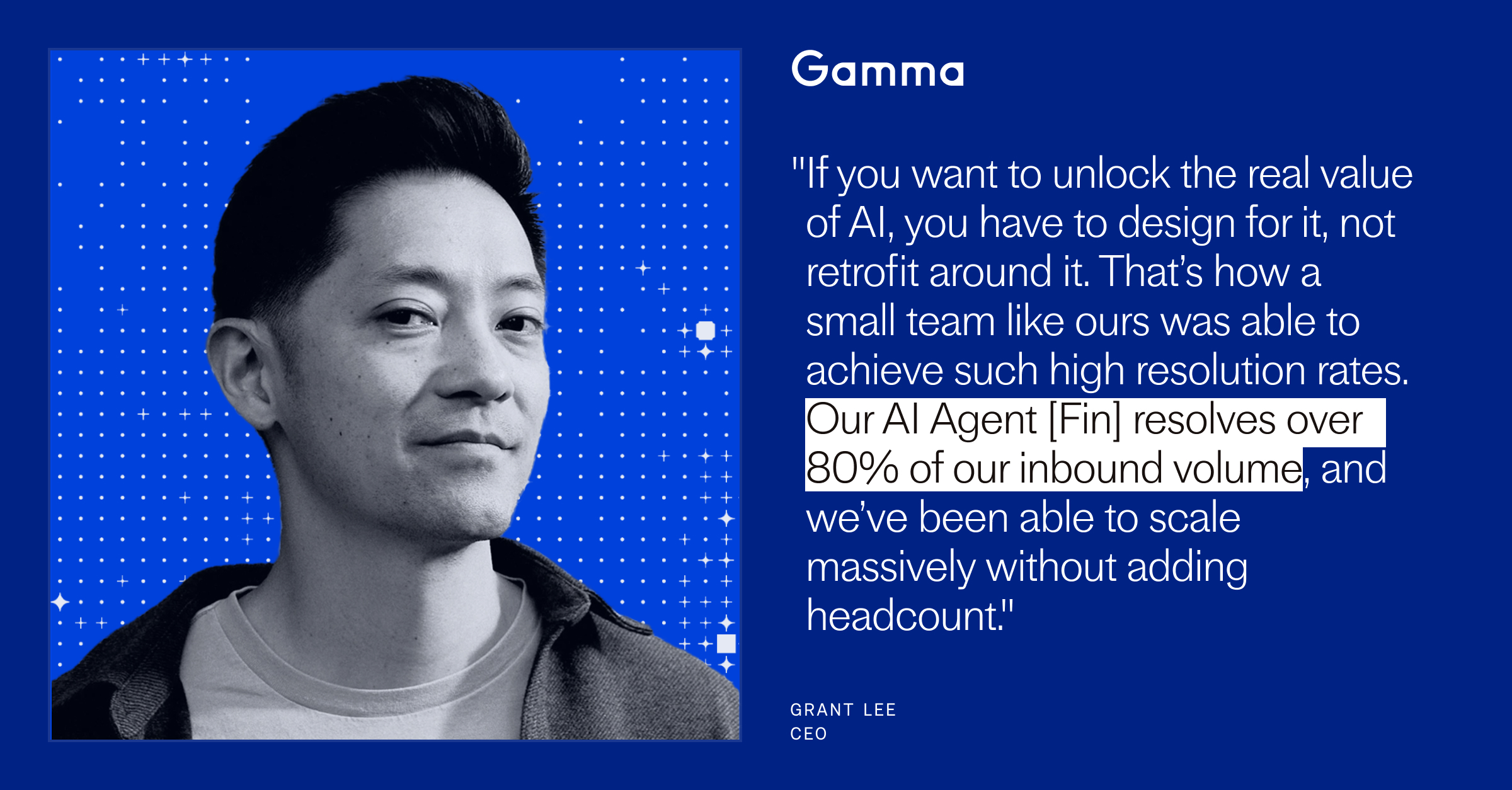 Blue testimonial graphic for Gamma highlighting AI Agent Fin resolving over 80% of inbound volume, with a grayscale portrait on the left and a quote about scaling customer service without adding headcount.