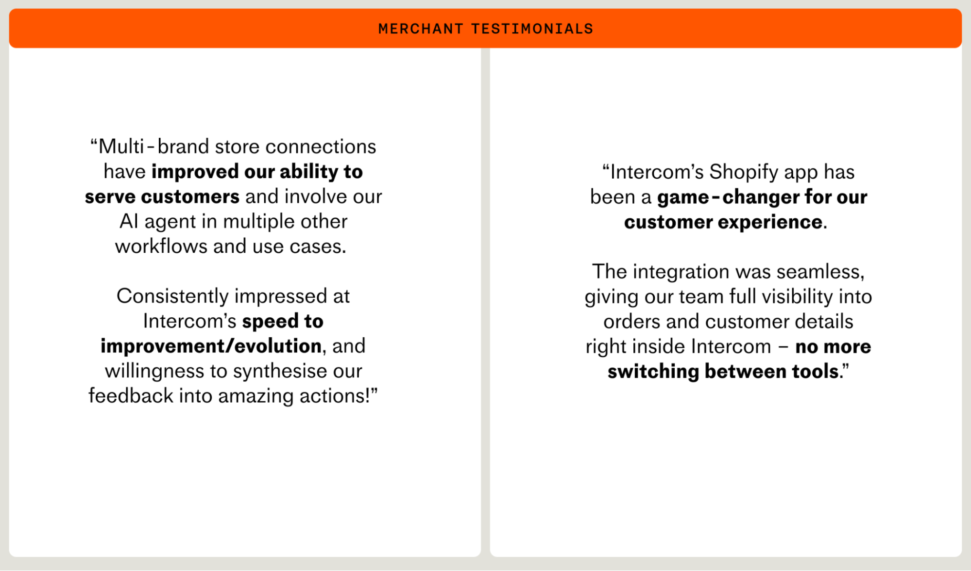 Two-column graphic titled Merchant Testimonials with quotes praising Intercom's Shopify app for multi-brand connections, AI workflows, seamless integration, and improved customer experience.