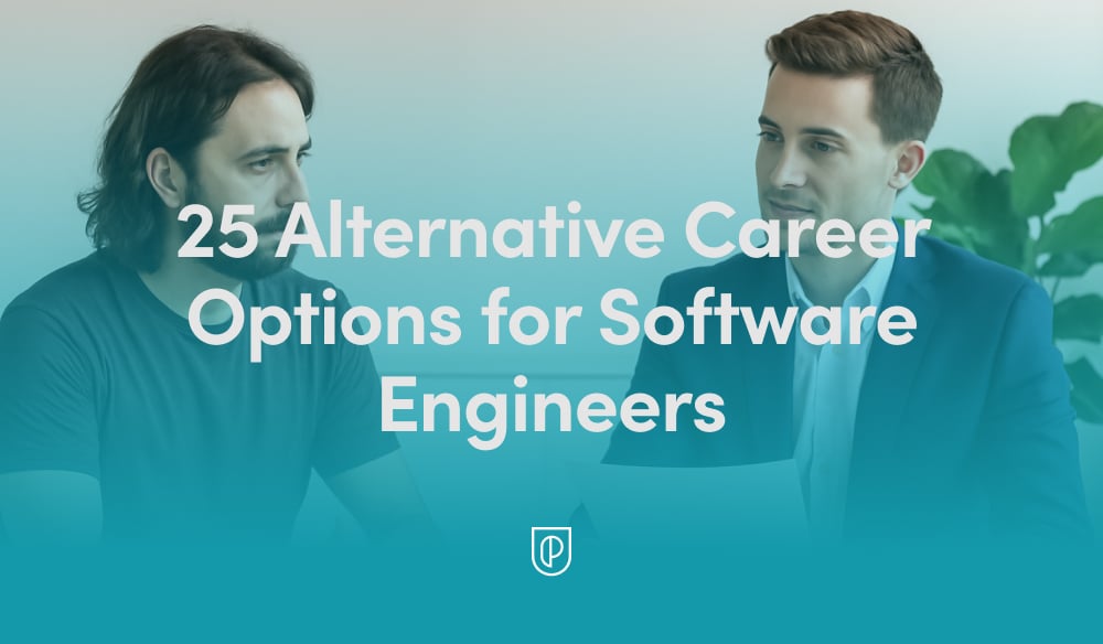Two professionals meet in a modern office, with a teal gradient overlay and the headline '25 Alternative Career Options for Software Engineers' across the center.