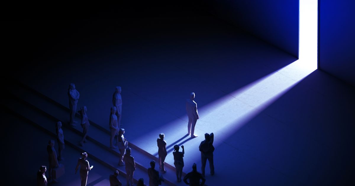 Silhouetted figures stand in a dark blue hall facing a bright open doorway, a sharp beam of light highlighting one person, evoking user return, opportunity, and paths back to customer value.