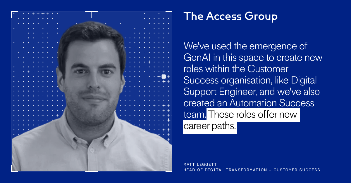 Blue corporate graphic with grayscale headshot and a quote about GenAI creating new customer success roles, such as digital support engineer and an automation success team, highlighting career paths.