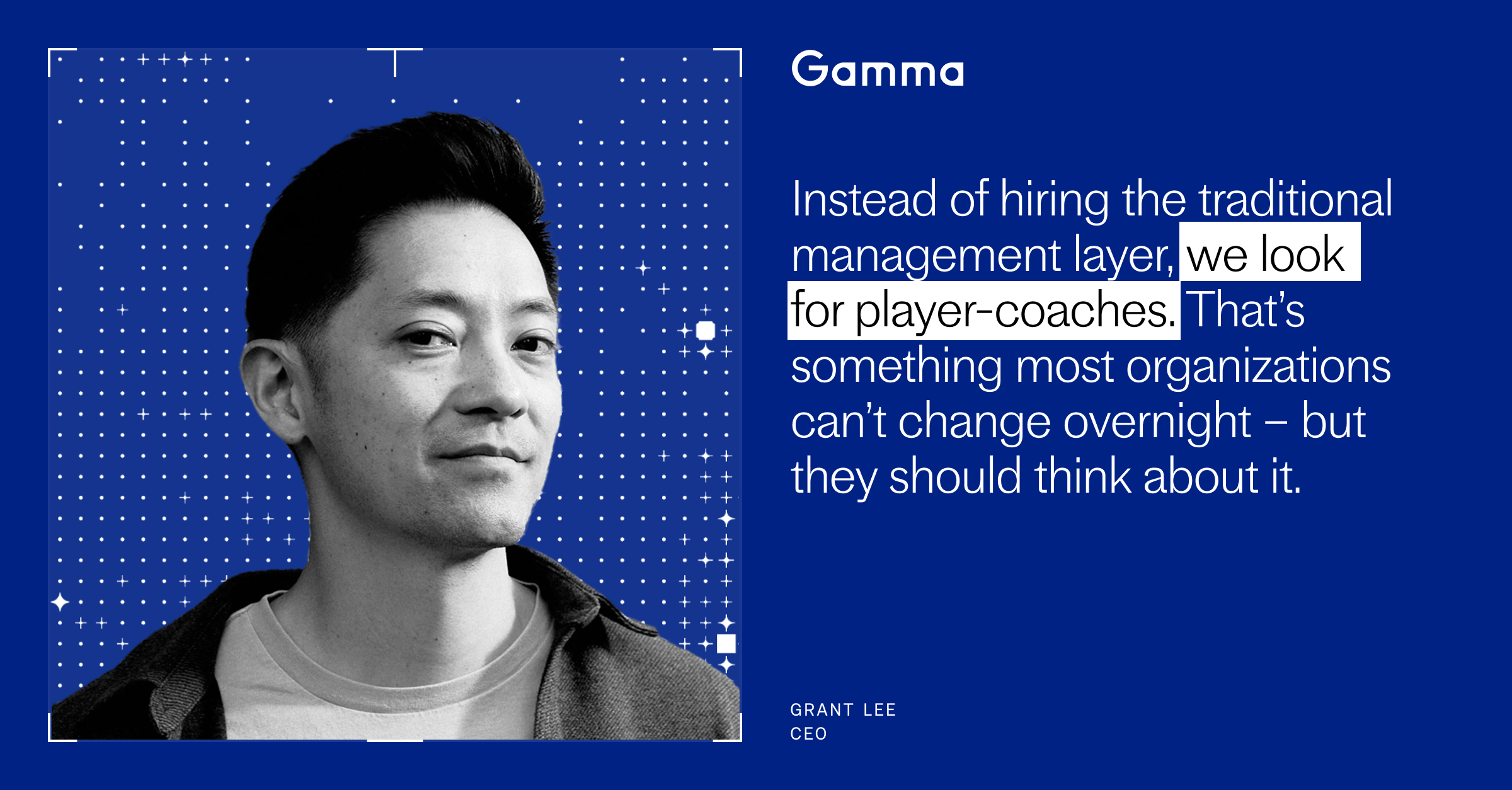 Blue corporate graphic with a grayscale portrait beside a bold quote advocating 'player‑coaches' over a traditional management layer, Gamma branding, theme: building AI‑ready customer service teams.