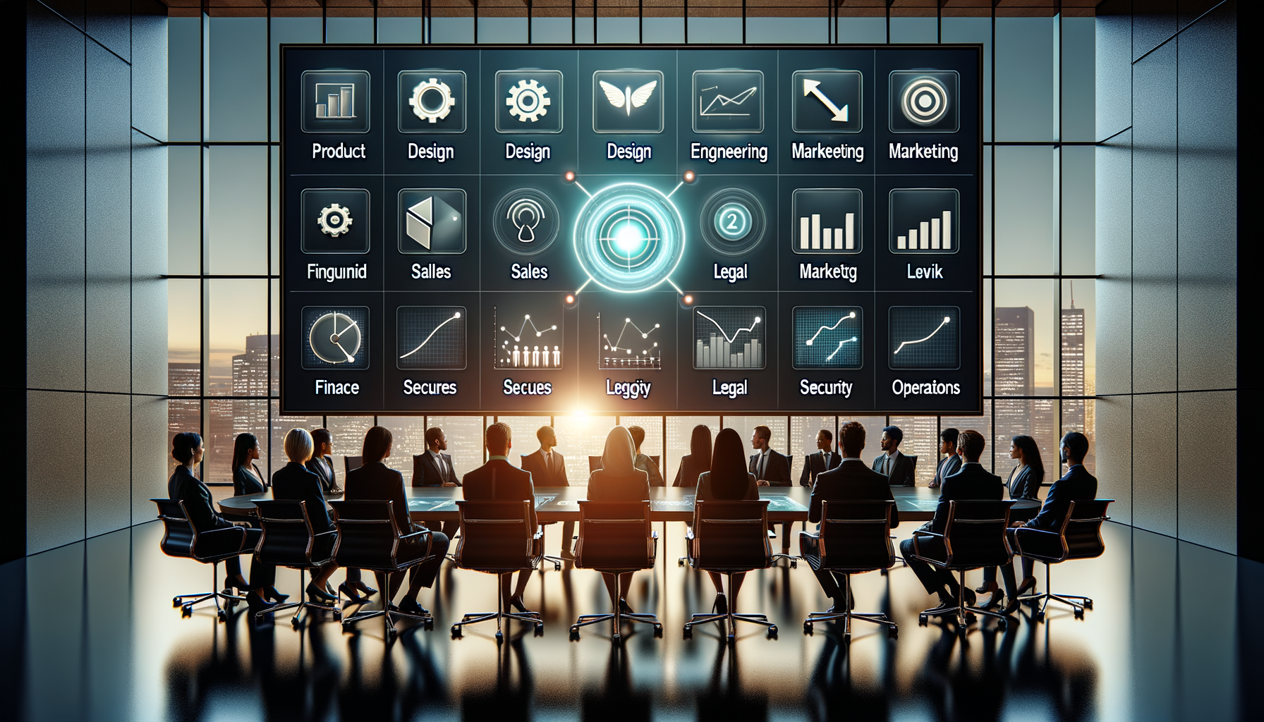 Executives in a modern glass-walled boardroom review a wall-size digital dashboard of business departments and analytics, silhouetted by a sunset city skyline during a strategic planning meeting.