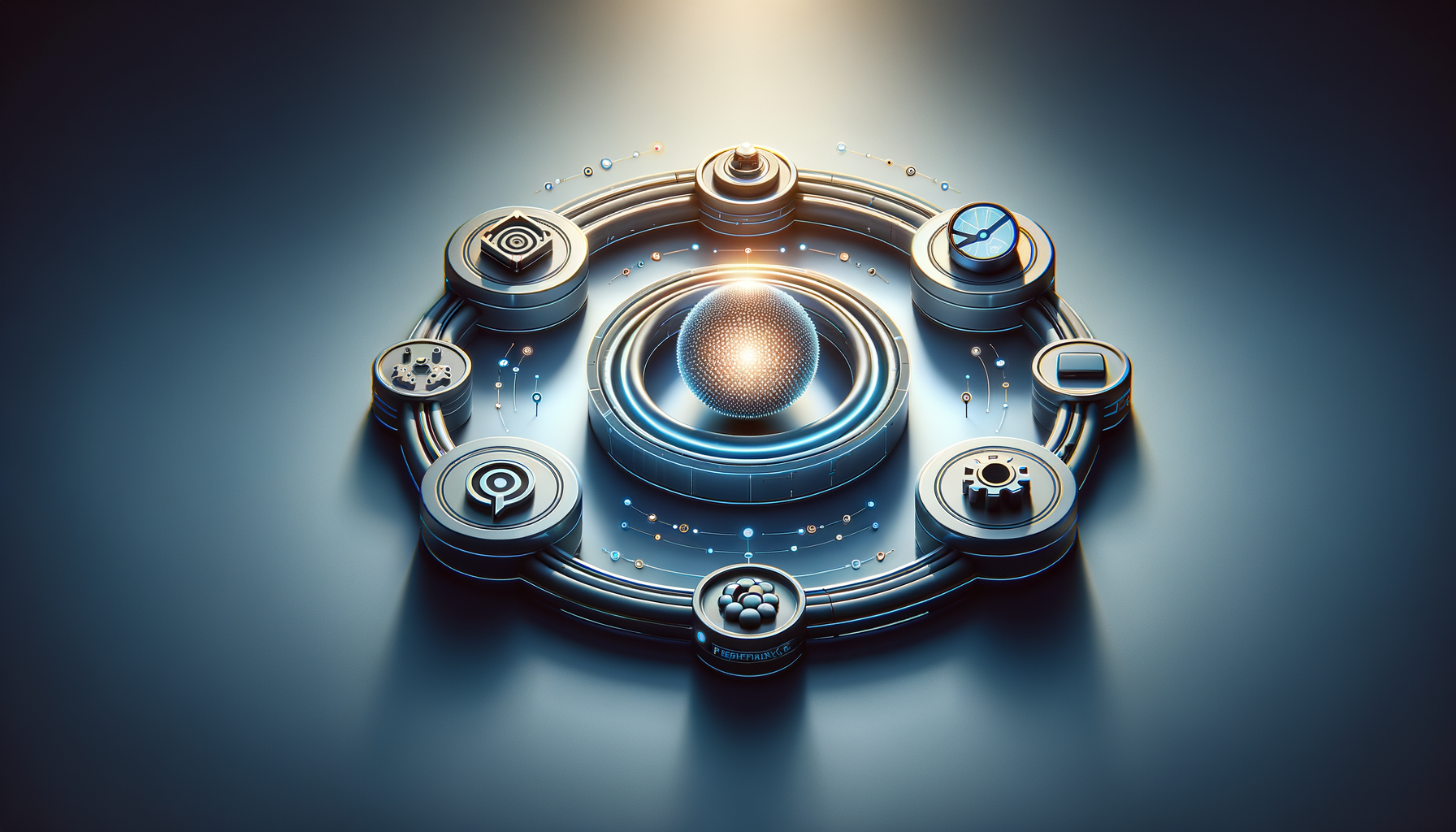 Futuristic 3D interface featuring a glowing central sphere connected to circular modules with tech icons and circuit lines, in metallic blue tones, symbolizing AI systems, data orchestration, and automation.