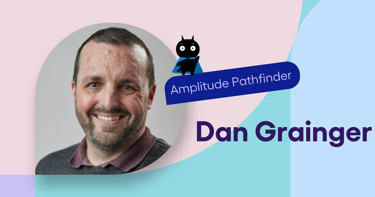 Promotional graphic featuring a smiling man's headshot on pastel shapes with the Amplitude Pathfinder banner and on-image text reading "Dan Grainger." Modern brand colors and mascot icon.