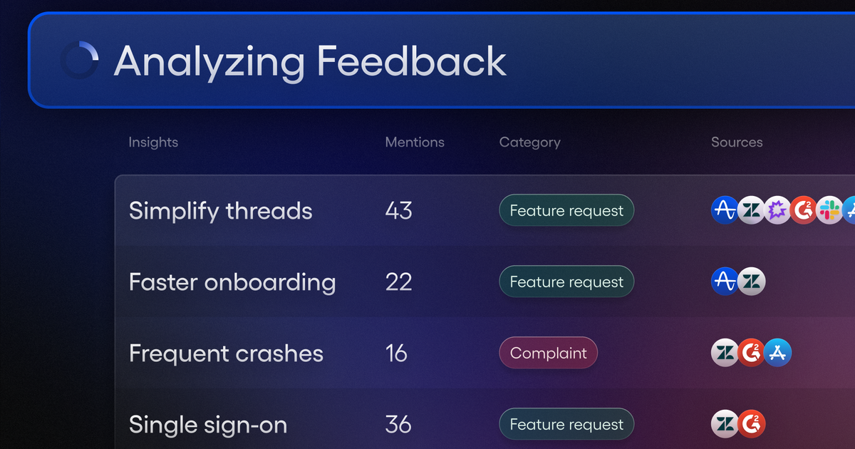 Amplitude AI Feedback dashboard labeled Analyzing Feedback, showing a table of insights—Simplify threads, Faster onboarding, Frequent crashes—with columns for mentions, category and source icons.