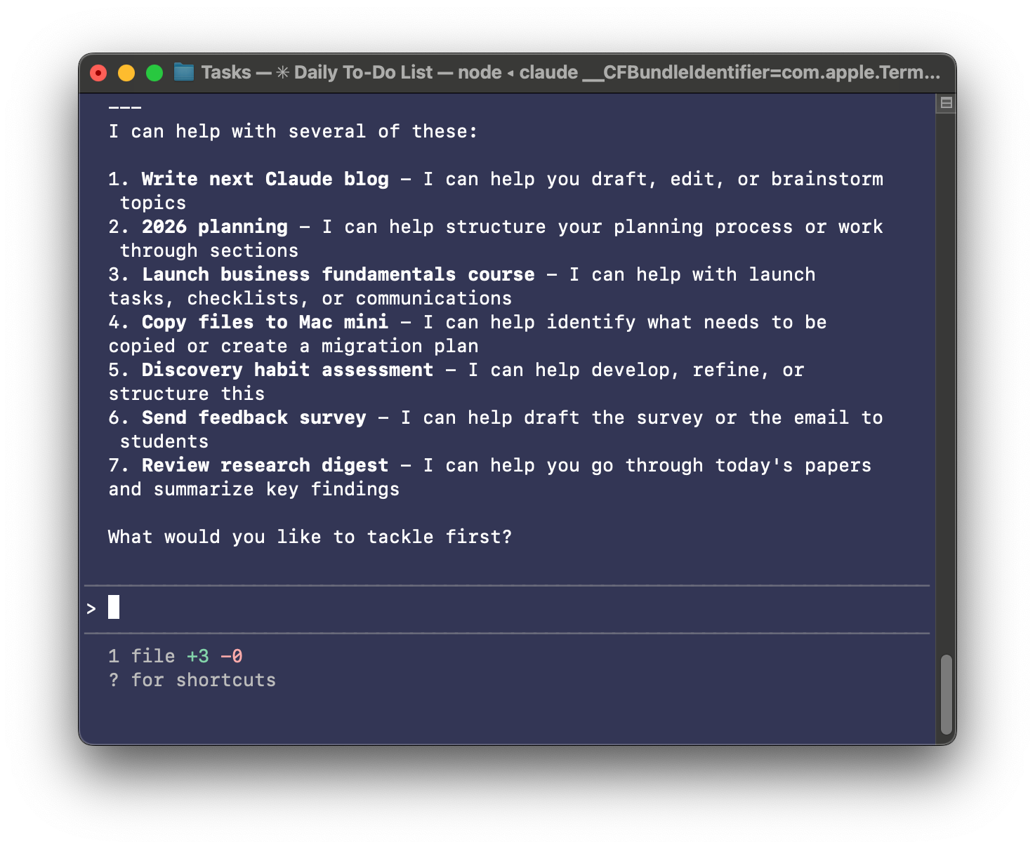 Dark macOS terminal screenshot showing an AI assistant listing tasks to automate, including writing a blog, 2026 planning, launching a course, file migration, surveys, and research summaries.