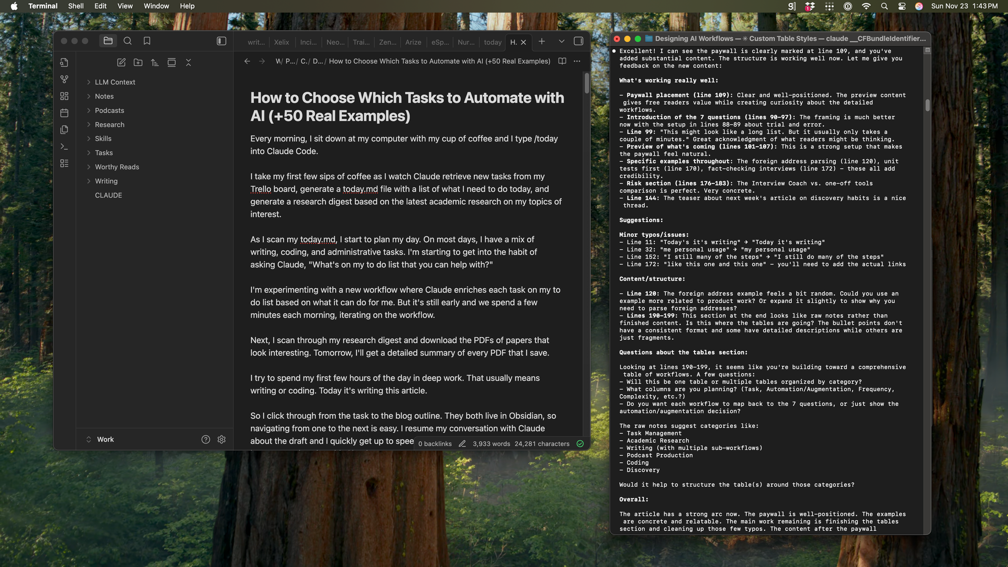 macOS desktop screenshot with two dark-mode documents: left shows the article title 'How to Choose Which Tasks to Automate with AI (+50 Real Examples),' right displays editorial feedback and suggestions over a forest wallpaper.