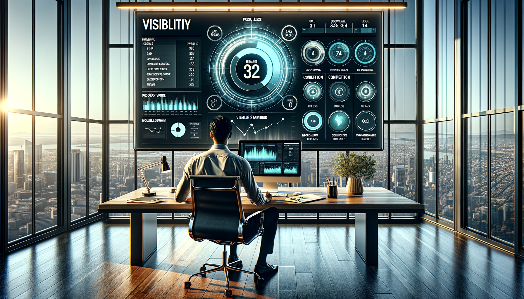 Analyst in a high-rise office reviewing a large digital 'Visibility' dashboard with charts and KPIs, as floor-to-ceiling windows reveal a panoramic city skyline in warm sunset light.